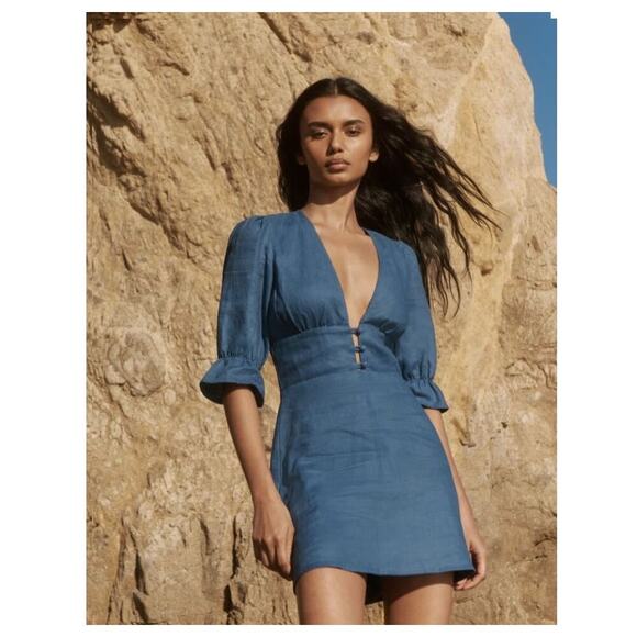 Reformation Simi Linen Dress Azul Blue Plunged Neck Casual Mini Womens Size 6 - Picture 1 of 6